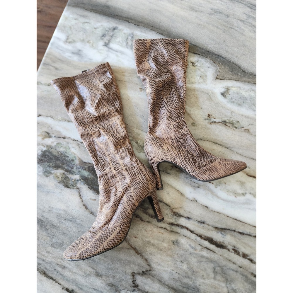 Colin Stuart Brown Snakeskin Print Pointed Toe Knee High Stiletto Boots 6.5M